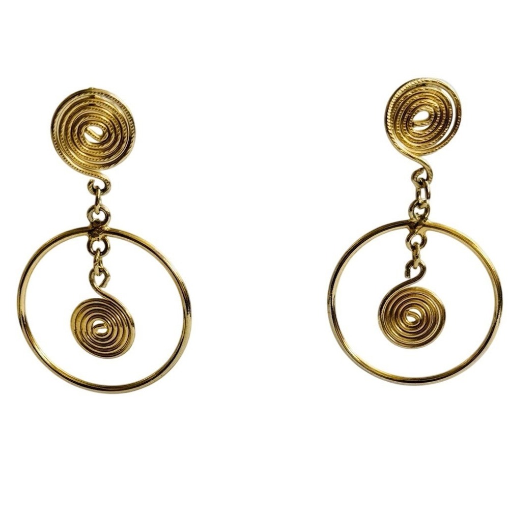 VTG Hoop Earrings Statement Flashy Dangle Pierced Gold Plated Swirl 80s Chunky